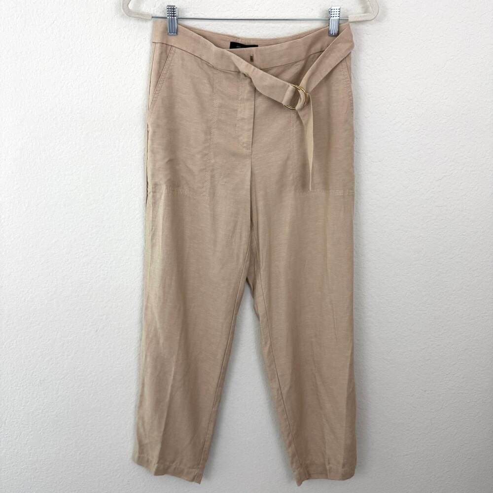 Ann Taylor Womens The Belted Ankle Pant Size 0 Linen Blend Office Toasted Oat